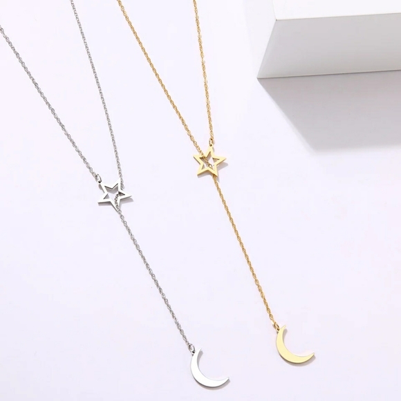 Simple Moon & Hollow Star Long Lariat Necklace - Picture 2 of 3